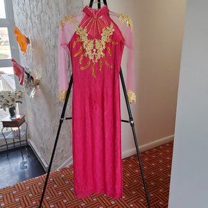Traditional Áo dài Dress in Fuschia/Gold